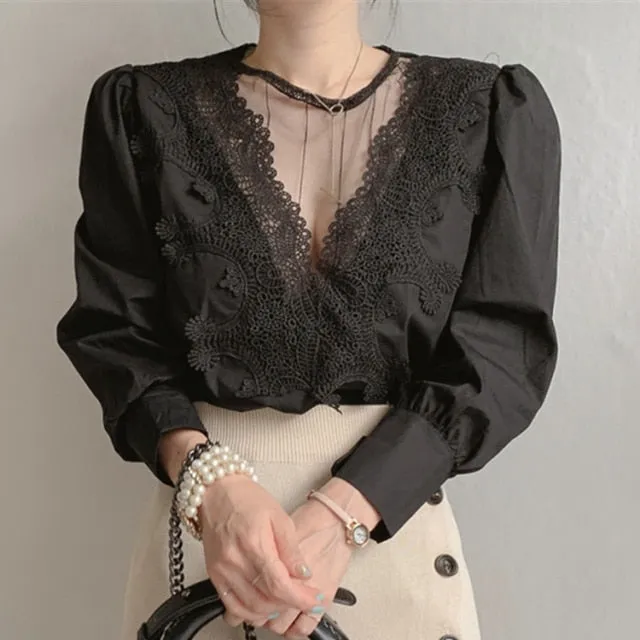 Women's Blouse Lace Puff Sleeve