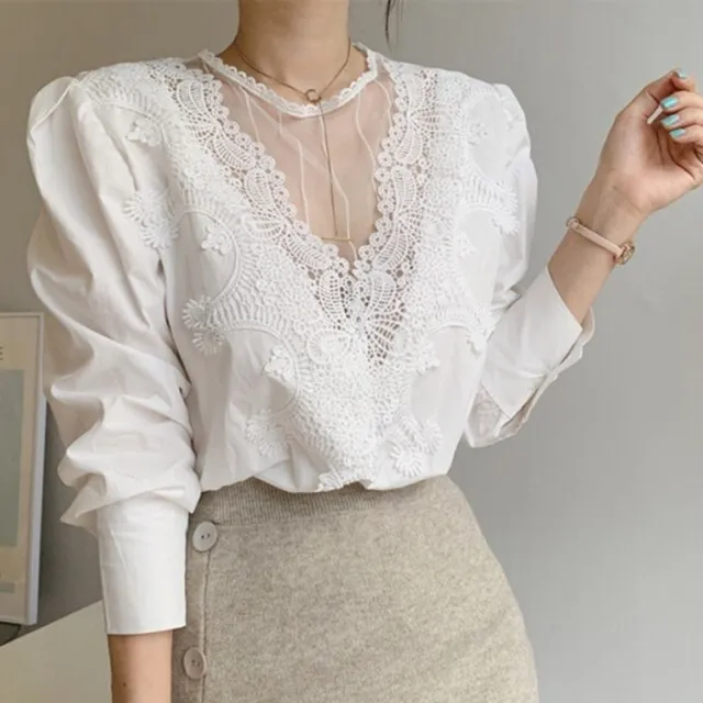 Women's Blouse Lace Puff Sleeve