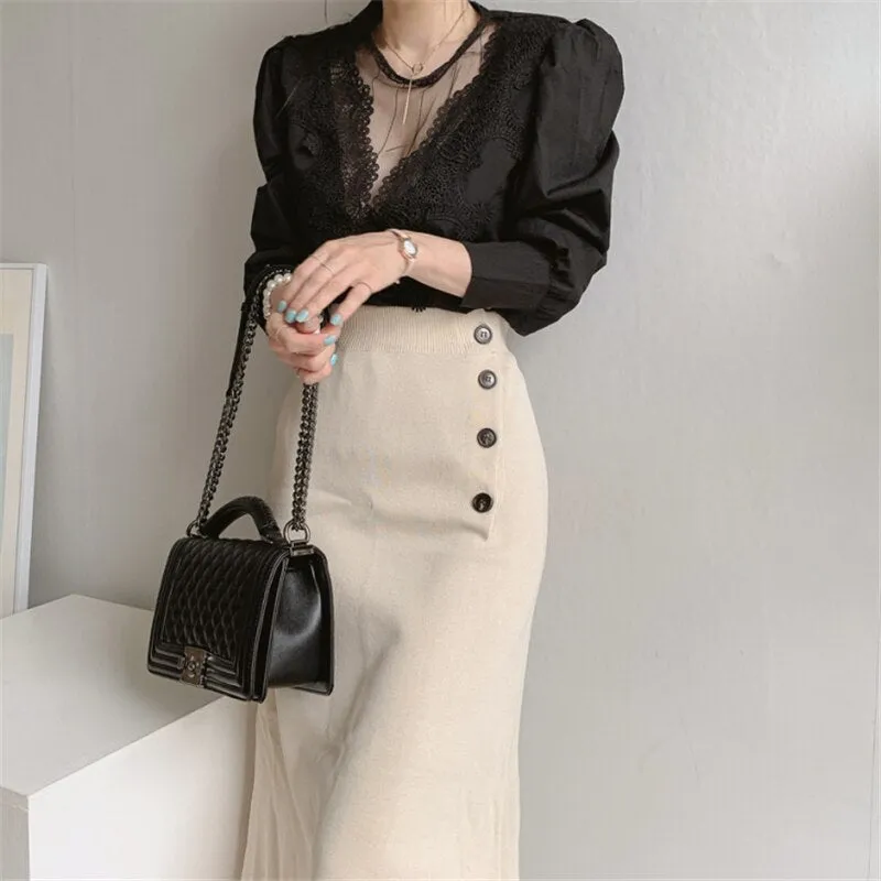 Women's Blouse Lace Puff Sleeve