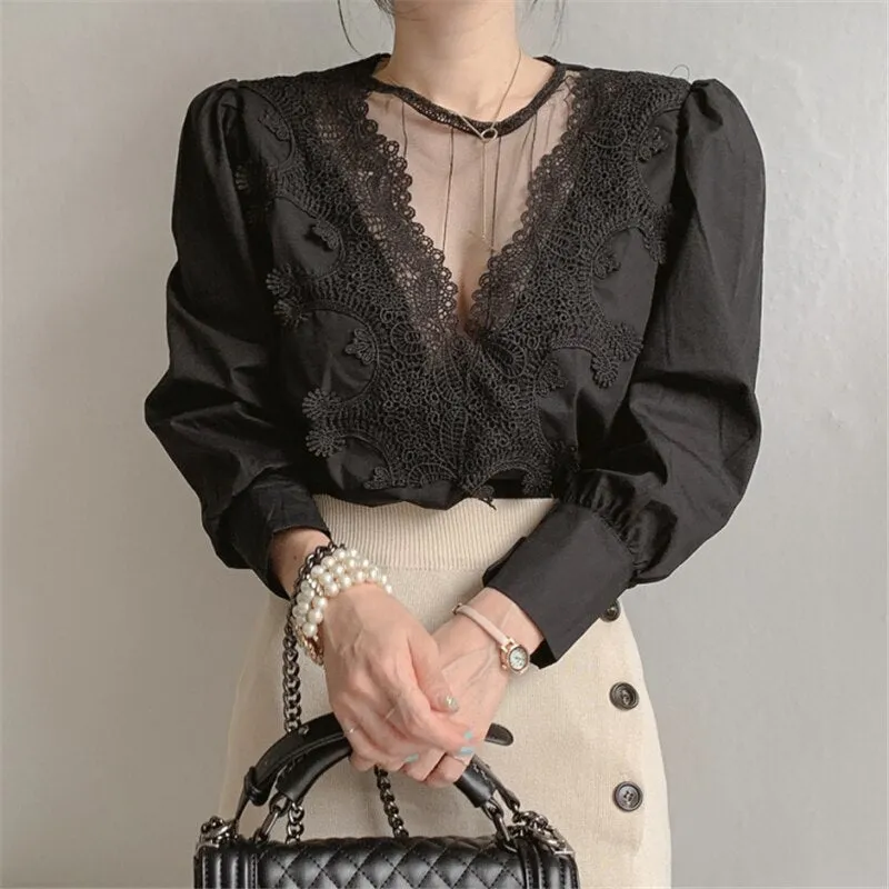 Women's Blouse Lace Puff Sleeve