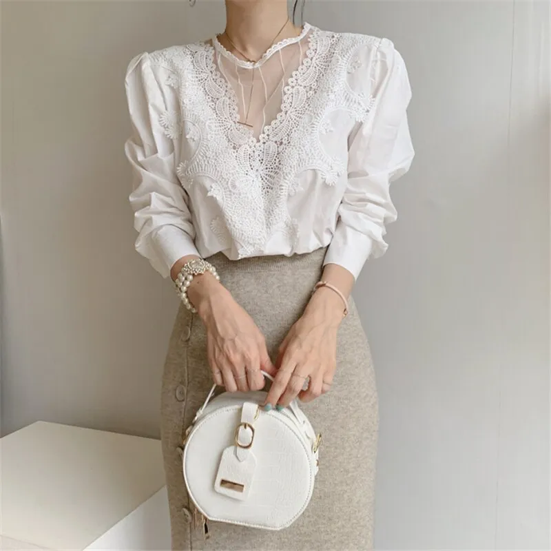Women's Blouse Lace Puff Sleeve