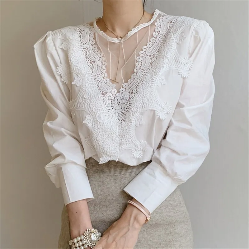 Women's Blouse Lace Puff Sleeve