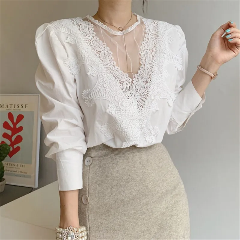 Women's Blouse Lace Puff Sleeve