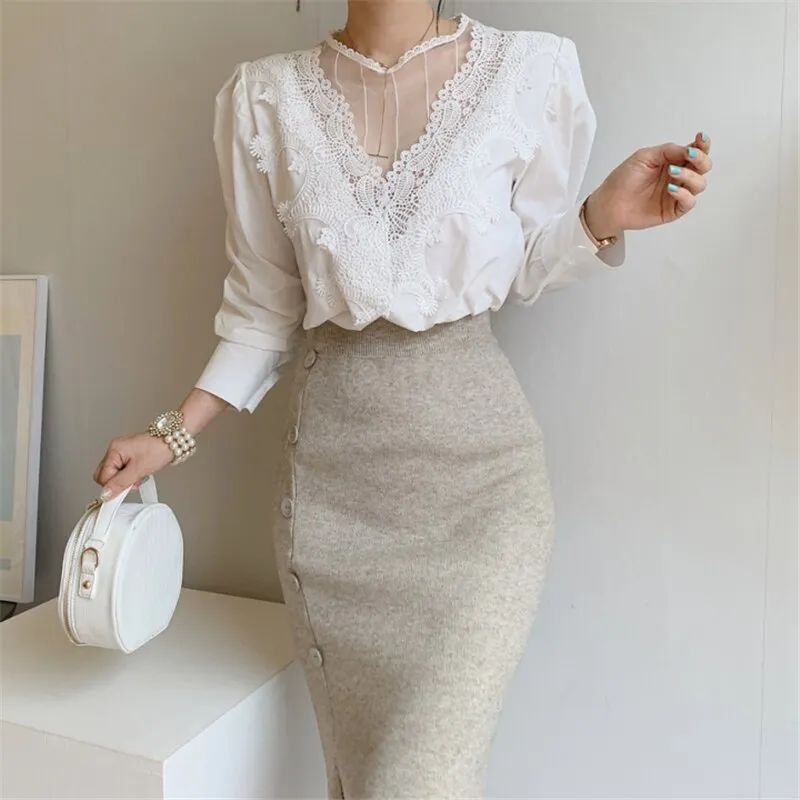 Women's Blouse Lace Puff Sleeve