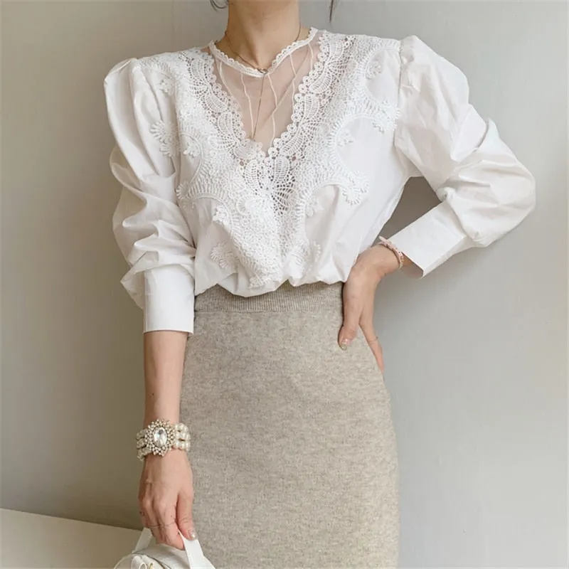 Women's Blouse Lace Puff Sleeve