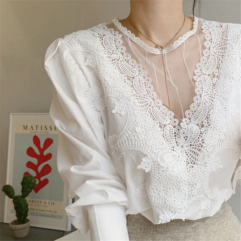 Women's Blouse Lace Puff Sleeve