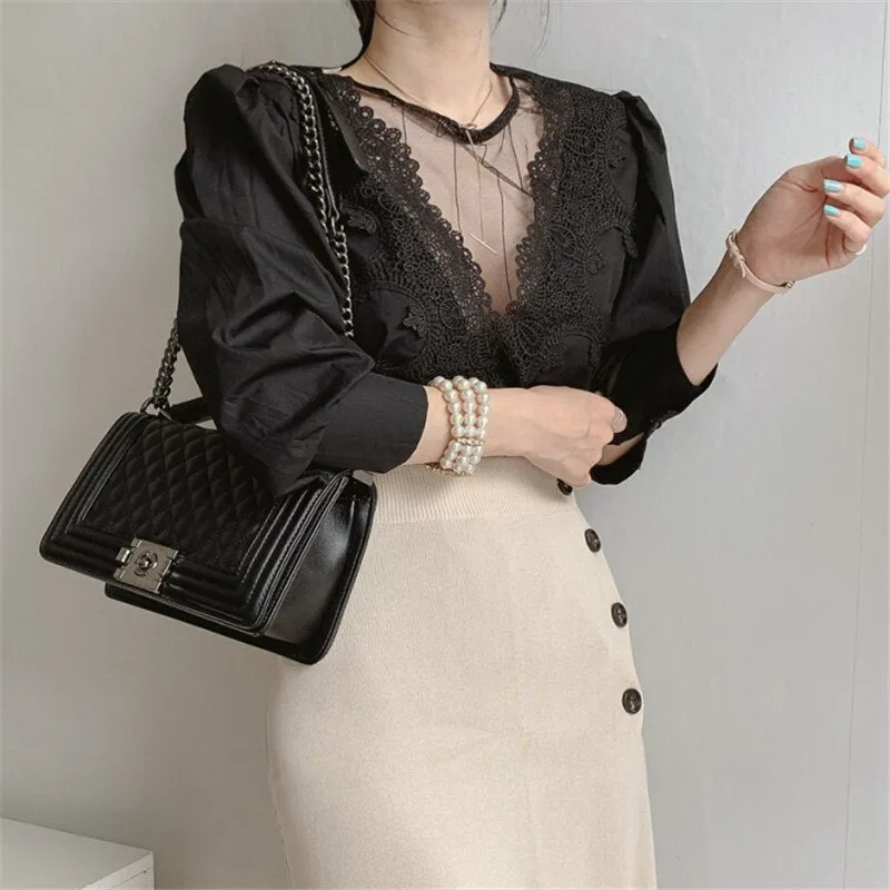 Women's Blouse Lace Puff Sleeve