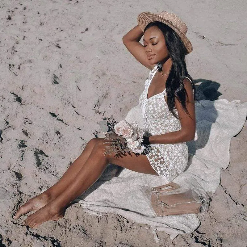 Women's lace summer dress word collar shoulder straps