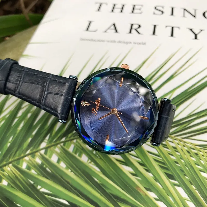 Women's Watch Blue Diamond Large Dial Casual Leather Strap Women's clothing  watch