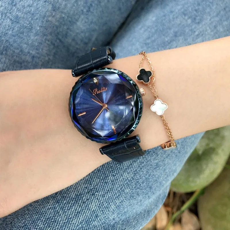 Women's Watch Blue Diamond Large Dial Casual Leather Strap Women's clothing  watch