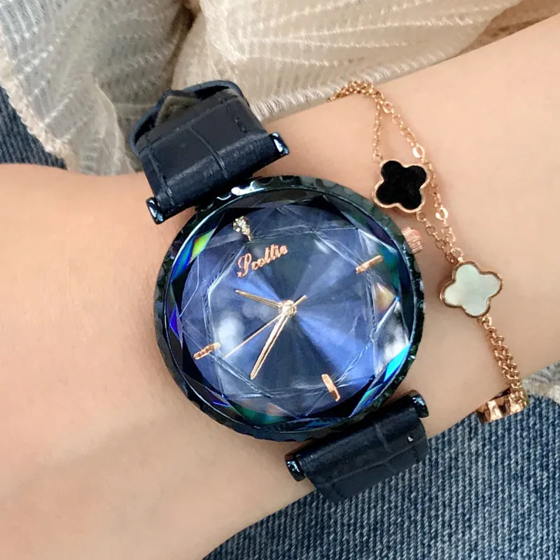 Women's Watch Blue Diamond Large Dial Casual Leather Strap Women's clothing  watch