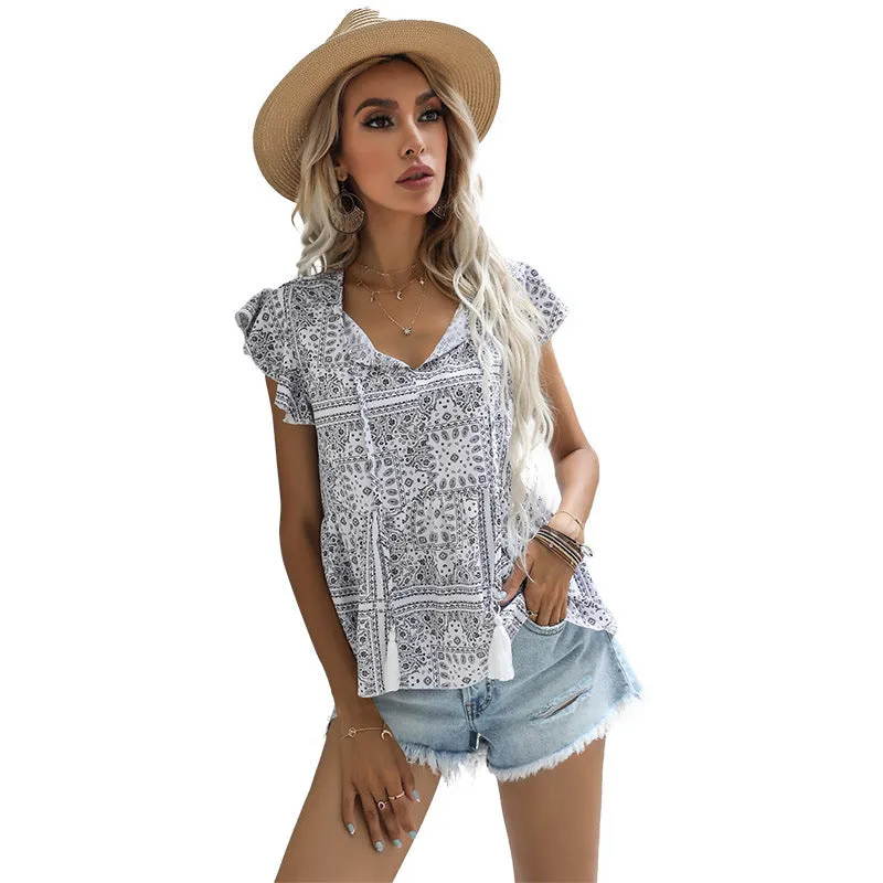 Women's White V Neck Flutter Sleeve Pullover Top