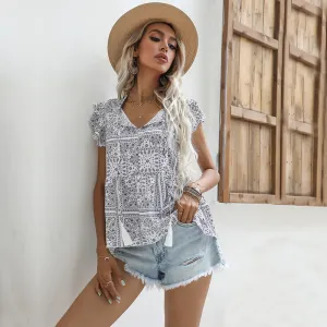 Women's White V Neck Flutter Sleeve Pullover Top