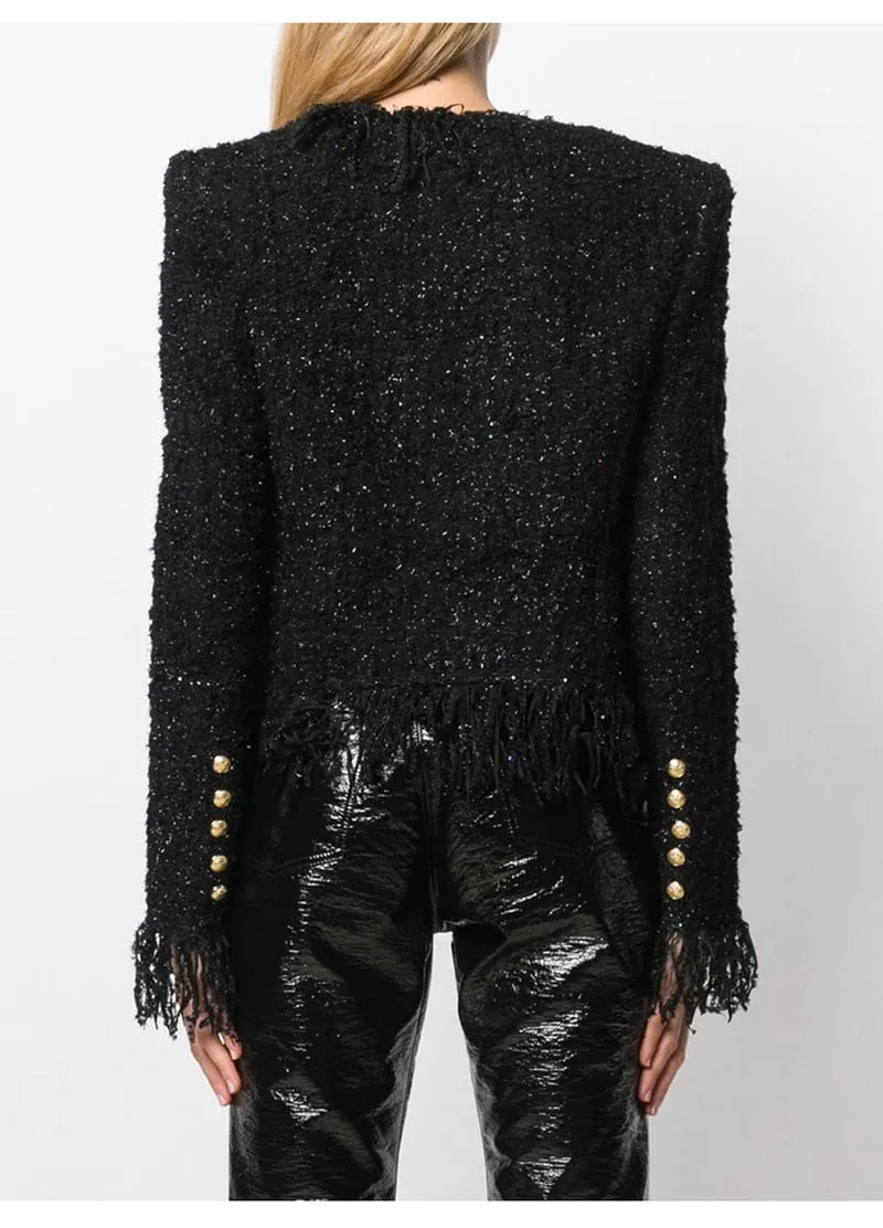 Woolen Tassel Lace Pocket Metal Button Women Jacket Coat