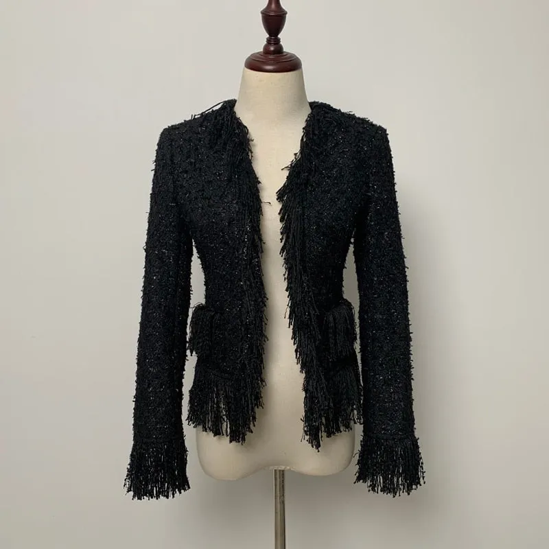 Woolen Tassel Lace Pocket Metal Button Women Jacket Coat