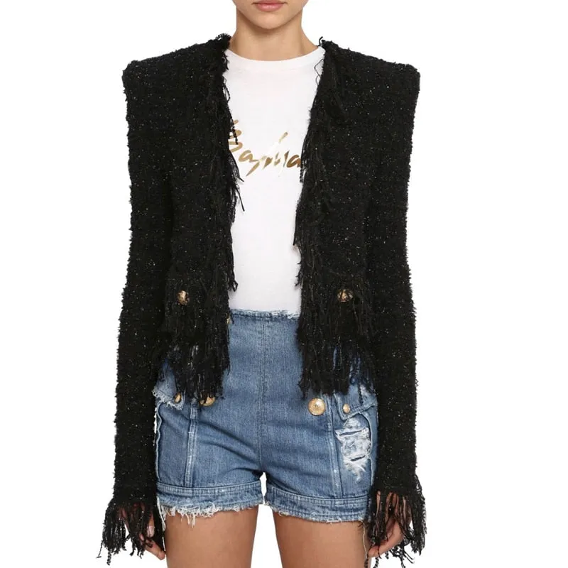 Woolen Tassel Lace Pocket Metal Button Women Jacket Coat