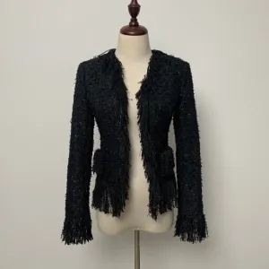 Woolen Tassel Lace Pocket Metal Button Women Jacket Coat
