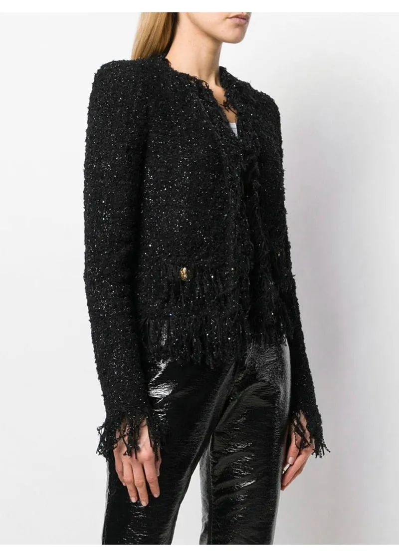 Woolen Tassel Lace Pocket Metal Button Women Jacket Coat