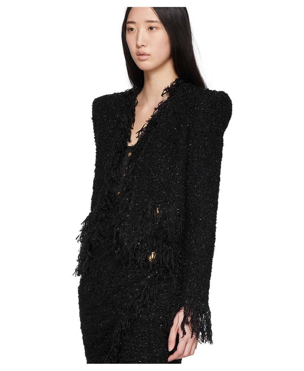 Woolen Tassel Lace Pocket Metal Button Women Jacket Coat