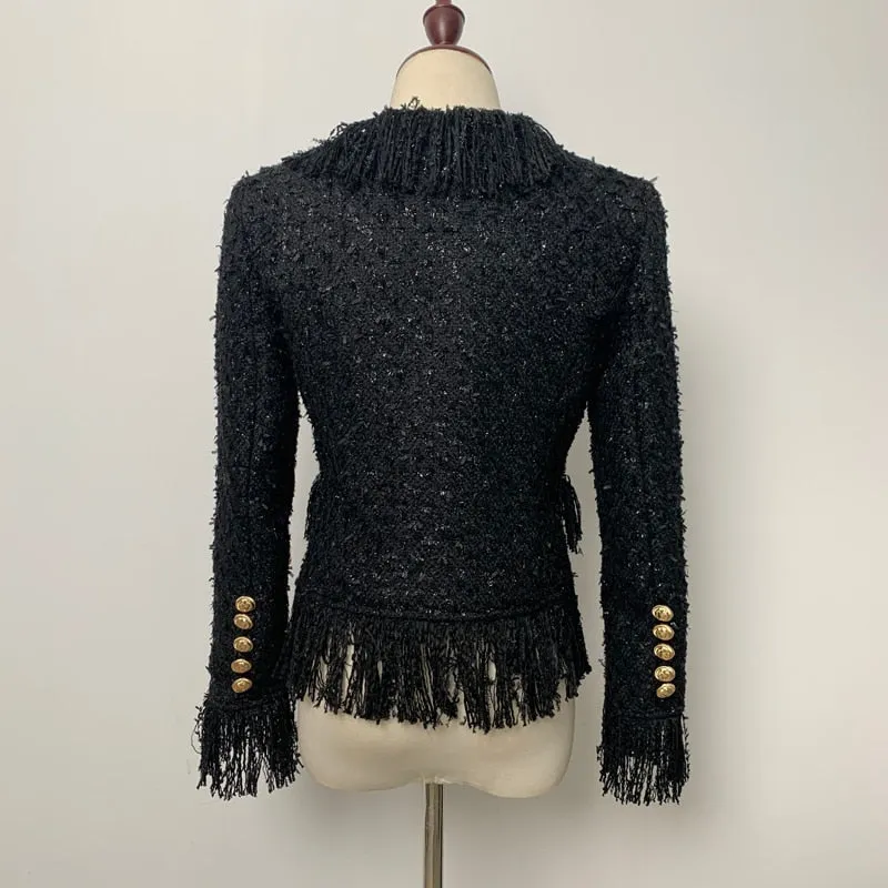 Woolen Tassel Lace Pocket Metal Button Women Jacket Coat