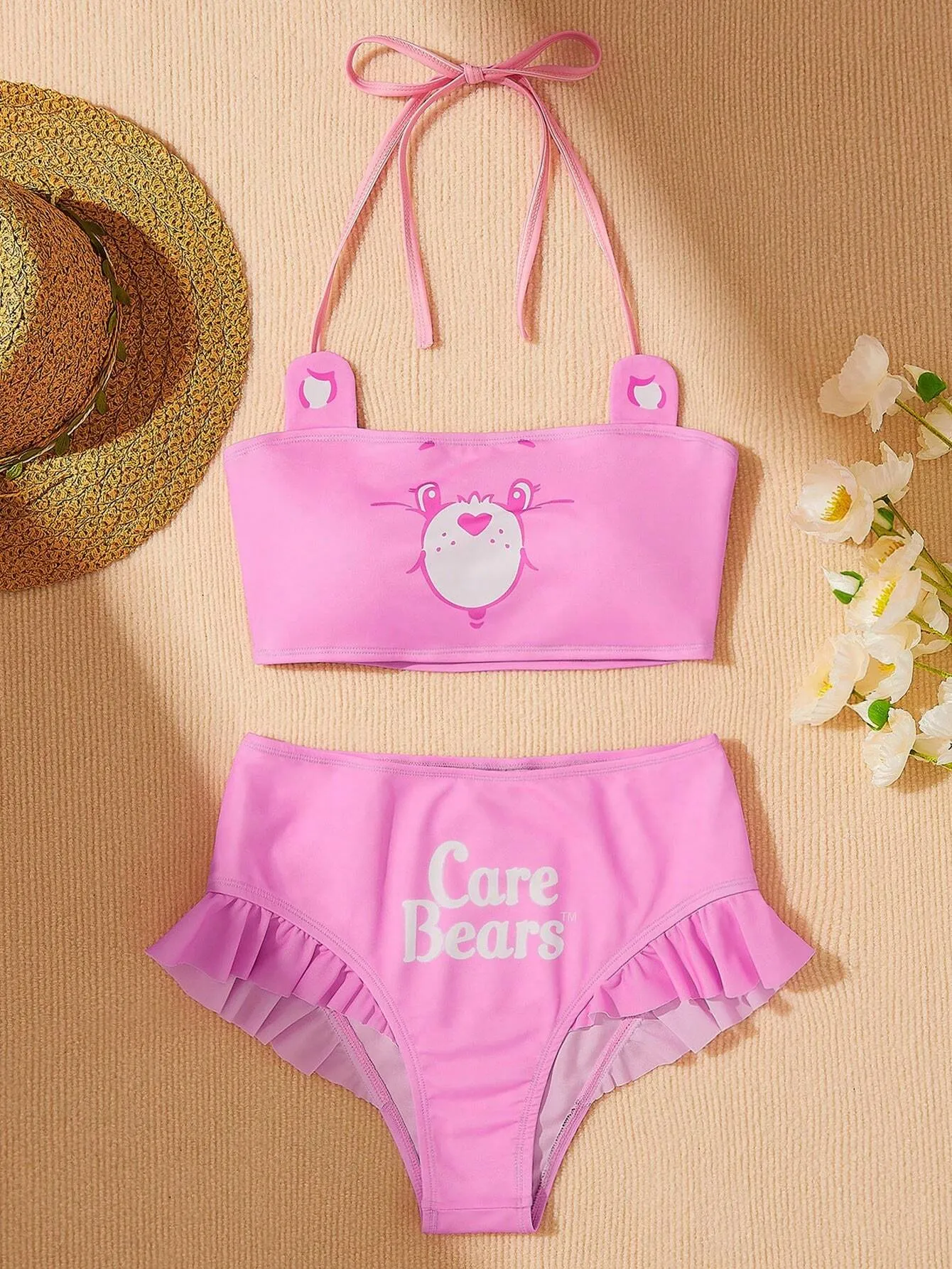 X Care Bears Ladies Knitted Cartoon Bear And Letter Print Neck Hanging Bikini Set