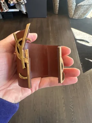 YSL Brown Leather Open CUFF with Gold Matte YSL