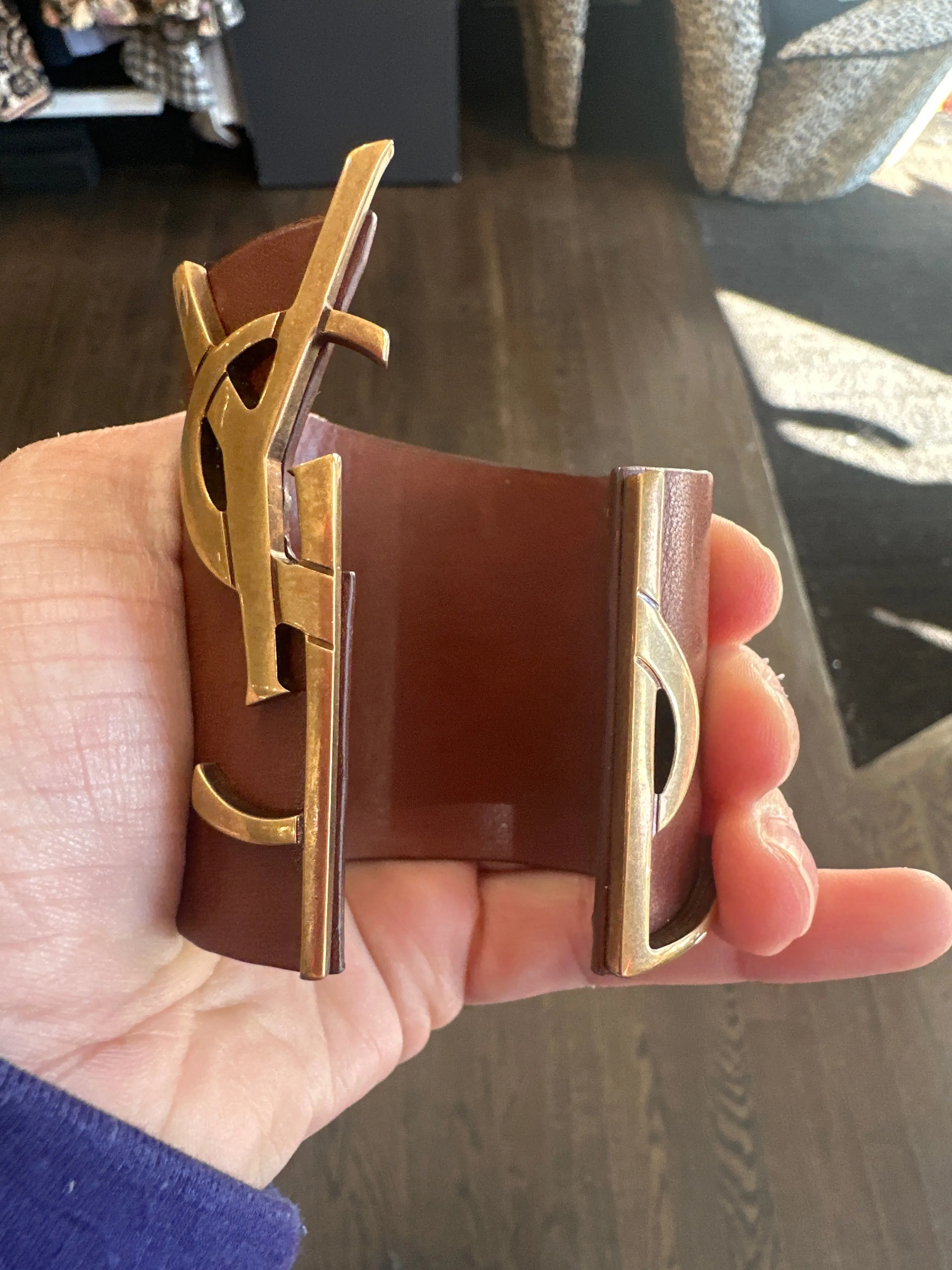 YSL Brown Leather Open CUFF with Gold Matte YSL