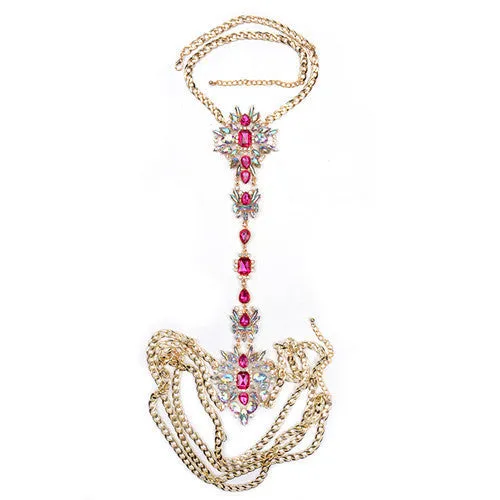 ZA Long Body Chain DIY Handmade Luxury Blue Red Gem Fashion Crystal Necklace Pendant Set Statement Summer Vacation