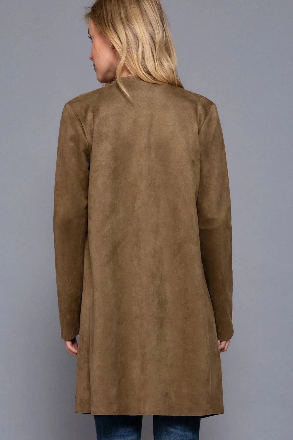 Zipper Detail Faux Suede Long Jacket: Olive