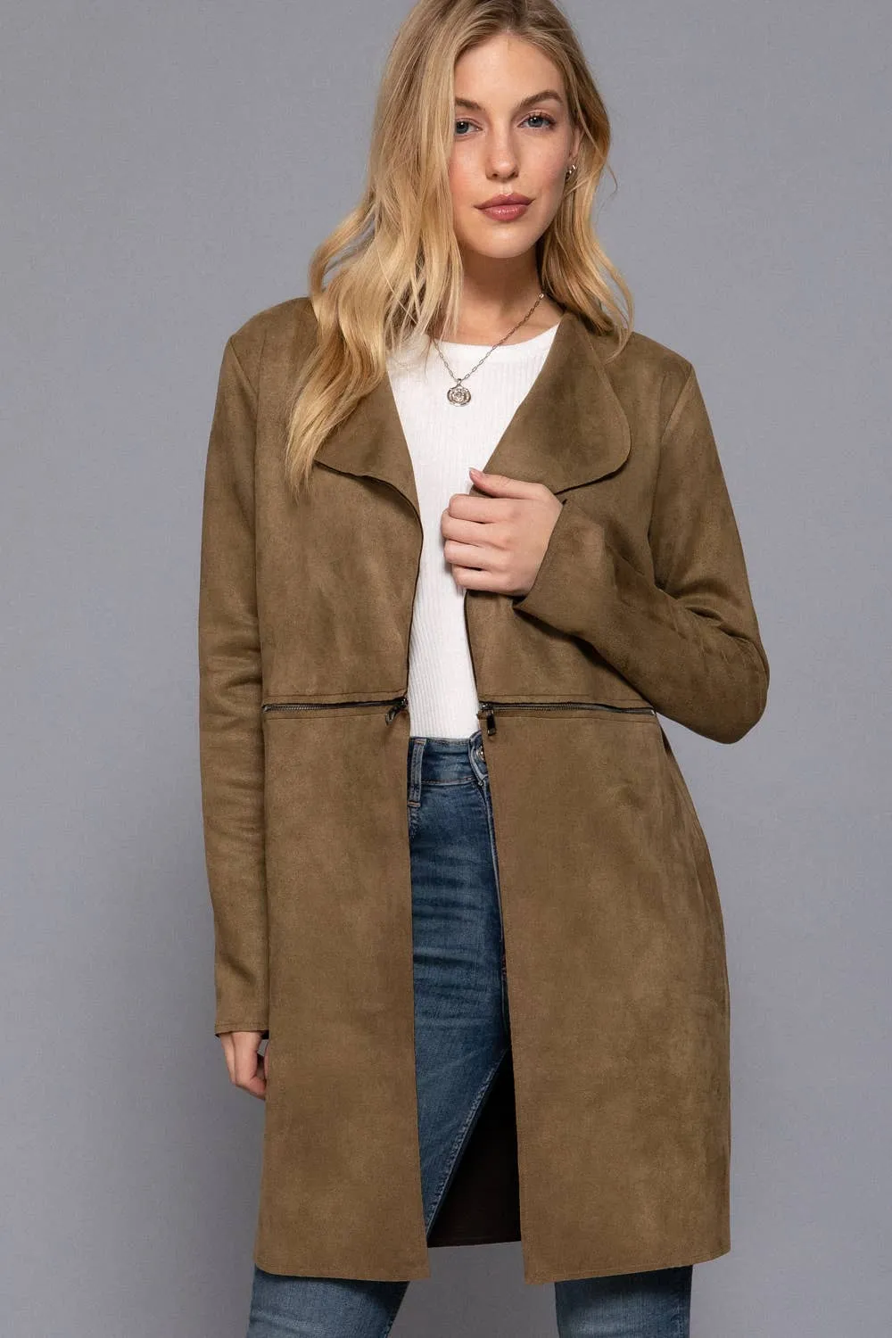 Zipper Detail Faux Suede Long Jacket: Olive