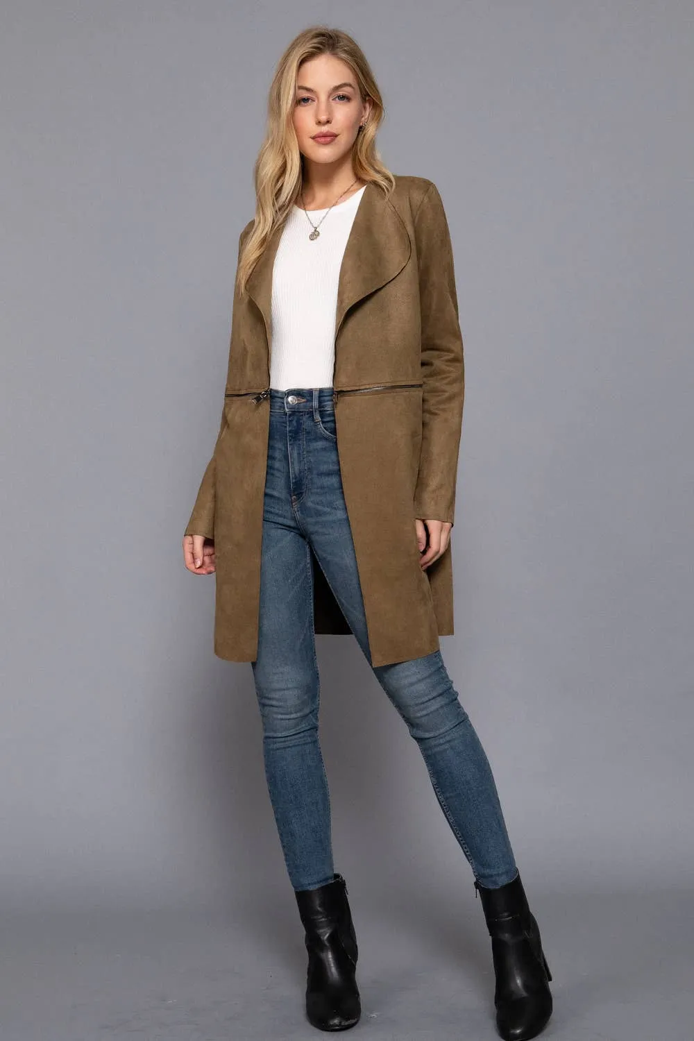 Zipper Detail Faux Suede Long Jacket: Olive