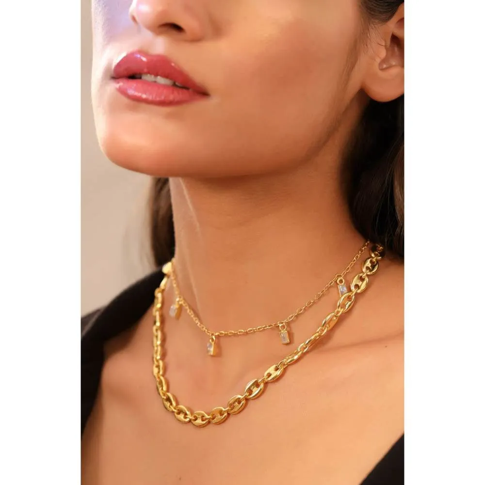 Zurooh 18K Gold Plated Moonstone and Shell Link Chain Layering Set