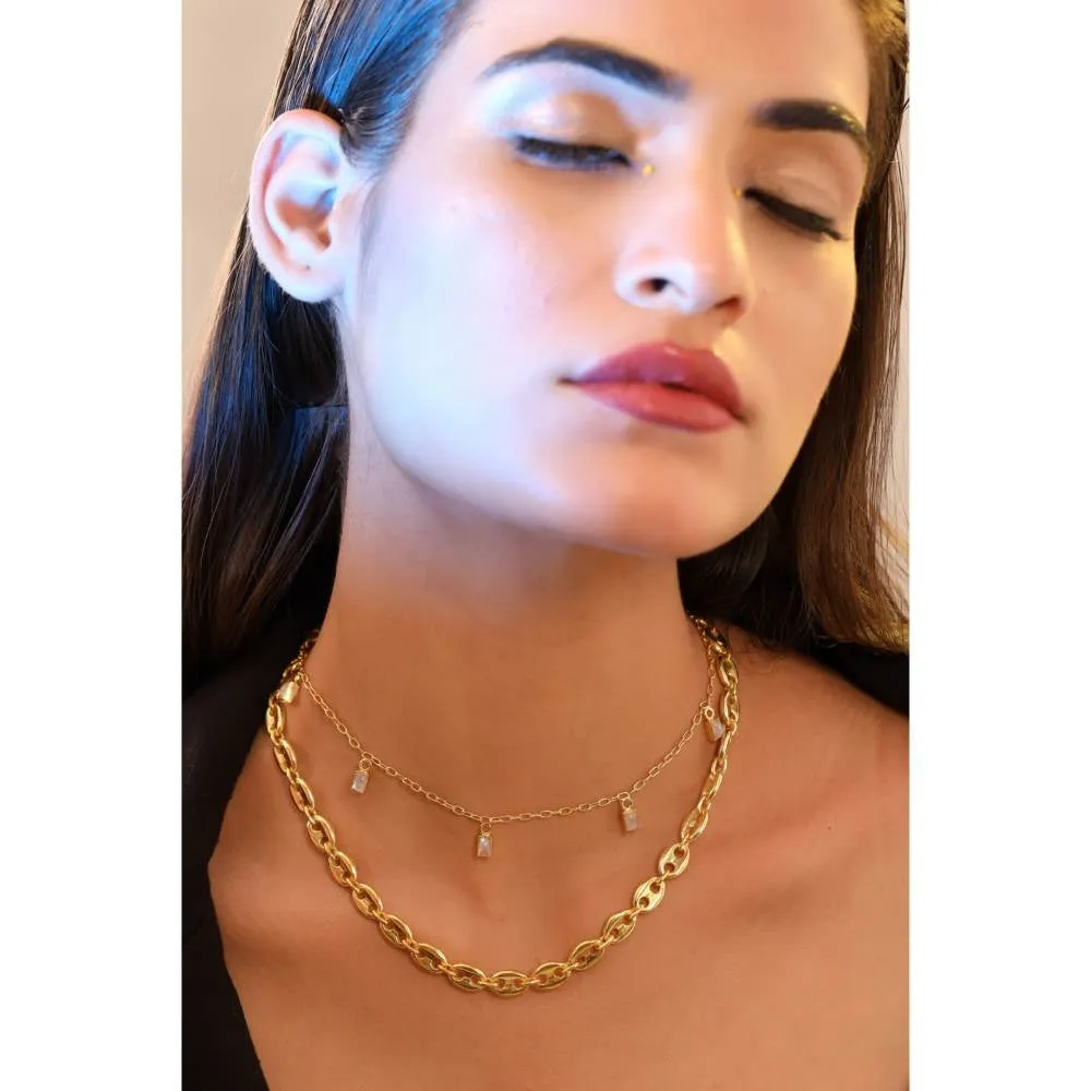 Zurooh 18K Gold Plated Moonstone and Shell Link Chain Layering Set