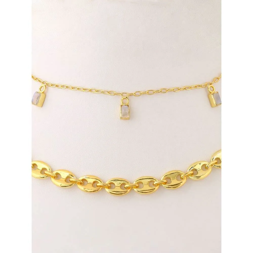 Zurooh 18K Gold Plated Moonstone and Shell Link Chain Layering Set